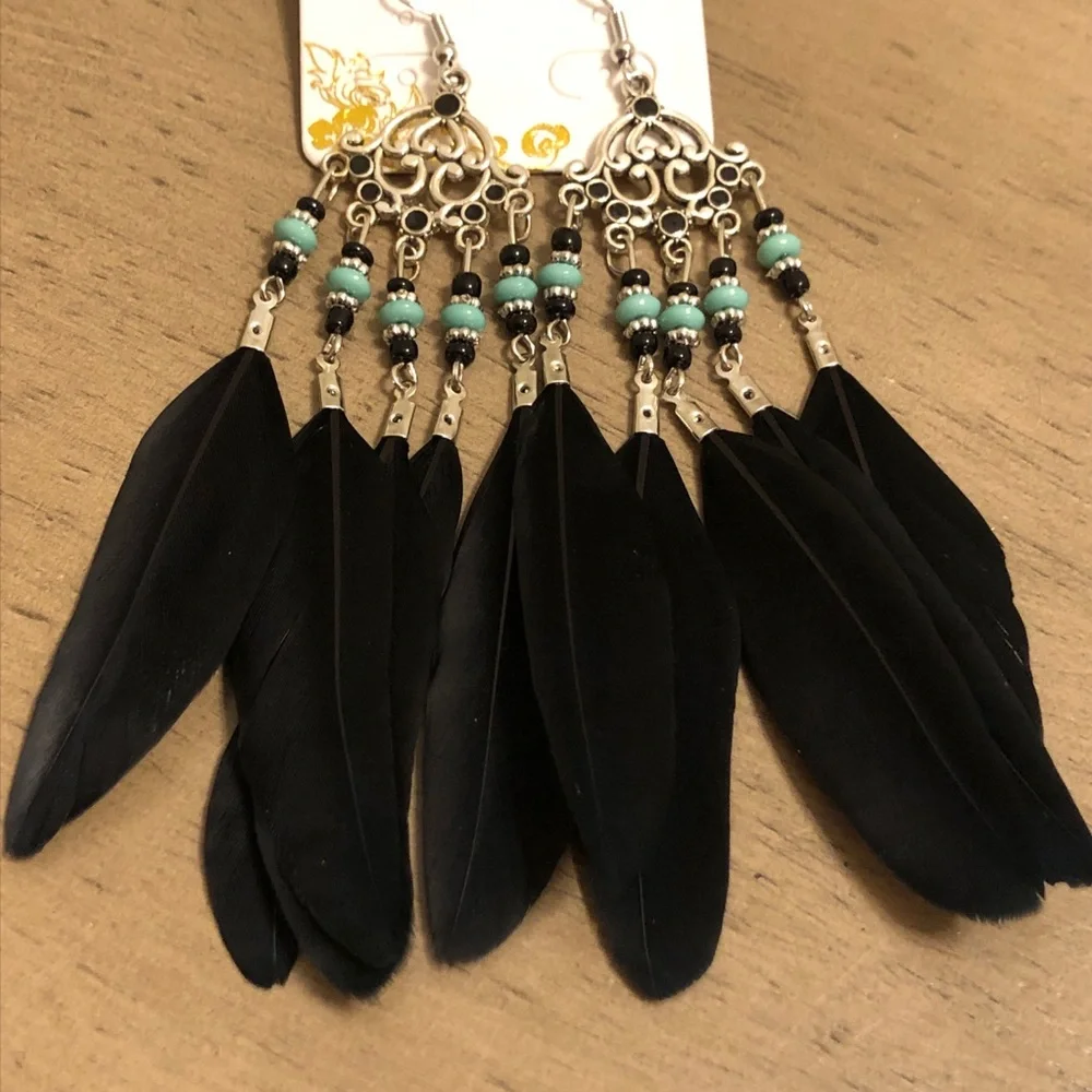 Black Feather Bohemian Dangle Earrings With Blue Beads Fashion Jewelry